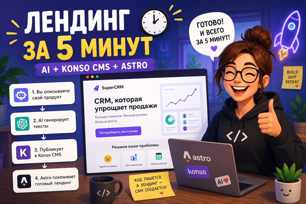 Создание лендинга за 5 минут с AI, Astro и Konso CMS